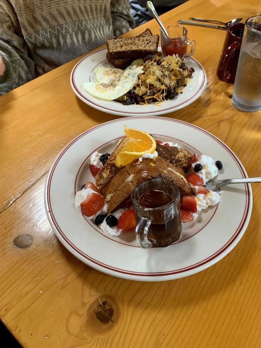 Loggers Hash with housemade bread and jam, and Stuffed Brioche French Toast at Steamboat Inn, Idleyld Park, Oregon