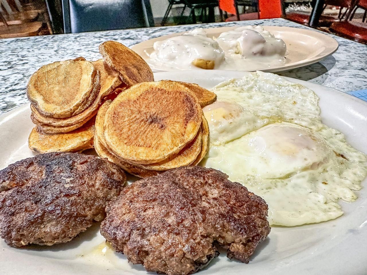 Breakfast at Nannie Jo’s Country Cookin’ featured fresh hand patted sausage from the Downing Cattle Company in Fountain Run, Kentucky