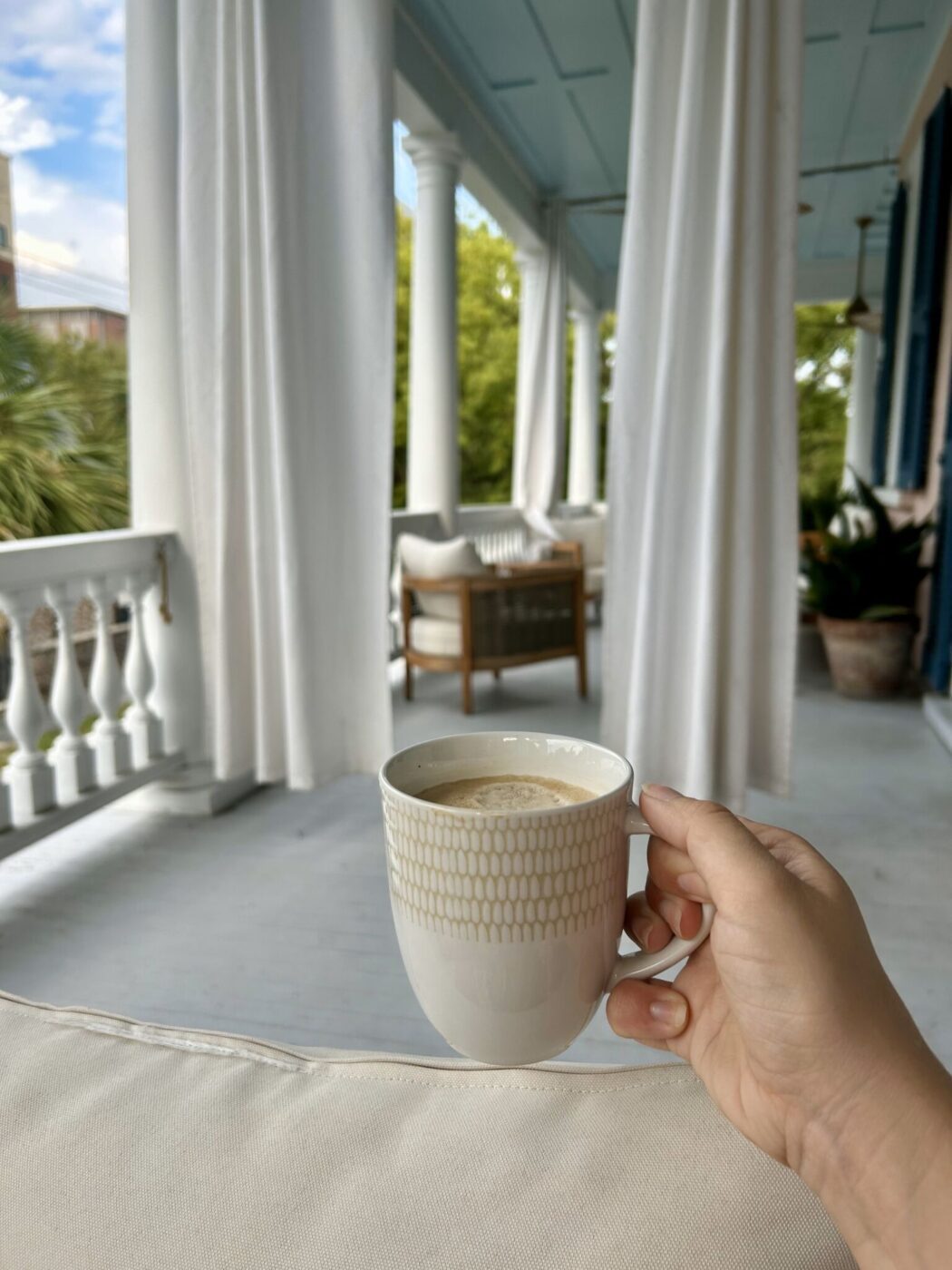 Coffee on the veranda at The Ashley Inn, Charleston, South Carolina