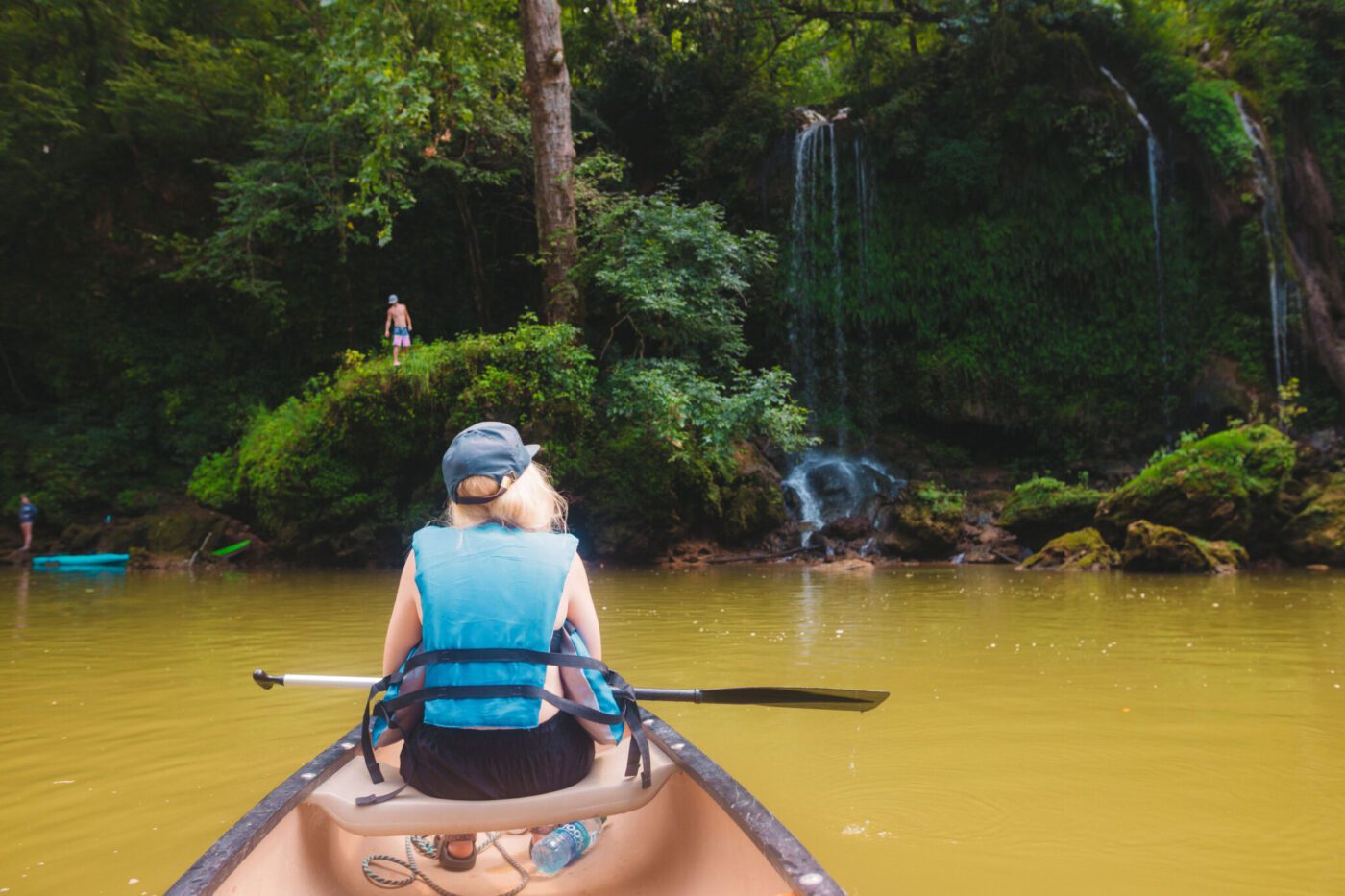 Lynn Camp Launch canoer at 300 Springs Waterfall on the Green River in Kentucky