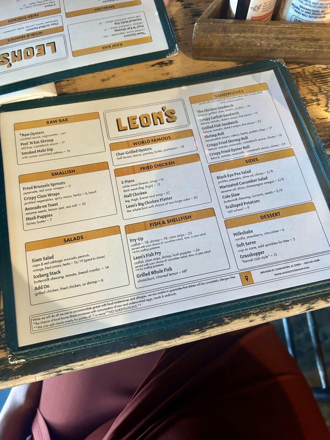 Leon's Oyster Shop menu, Charleston, South Carolina