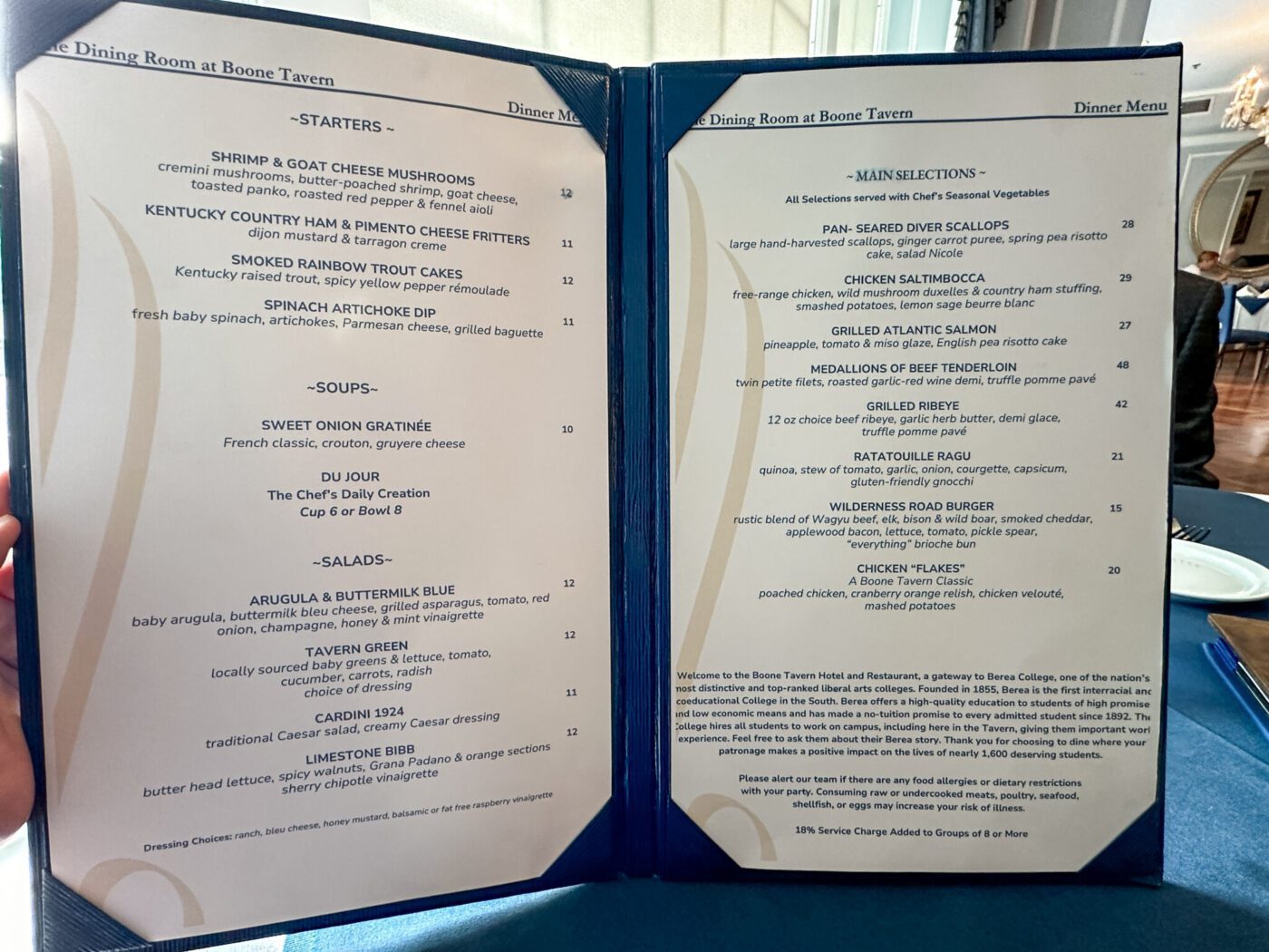 Dinner Menu-at-Boone-Tavern-in-Berea-Kentucky