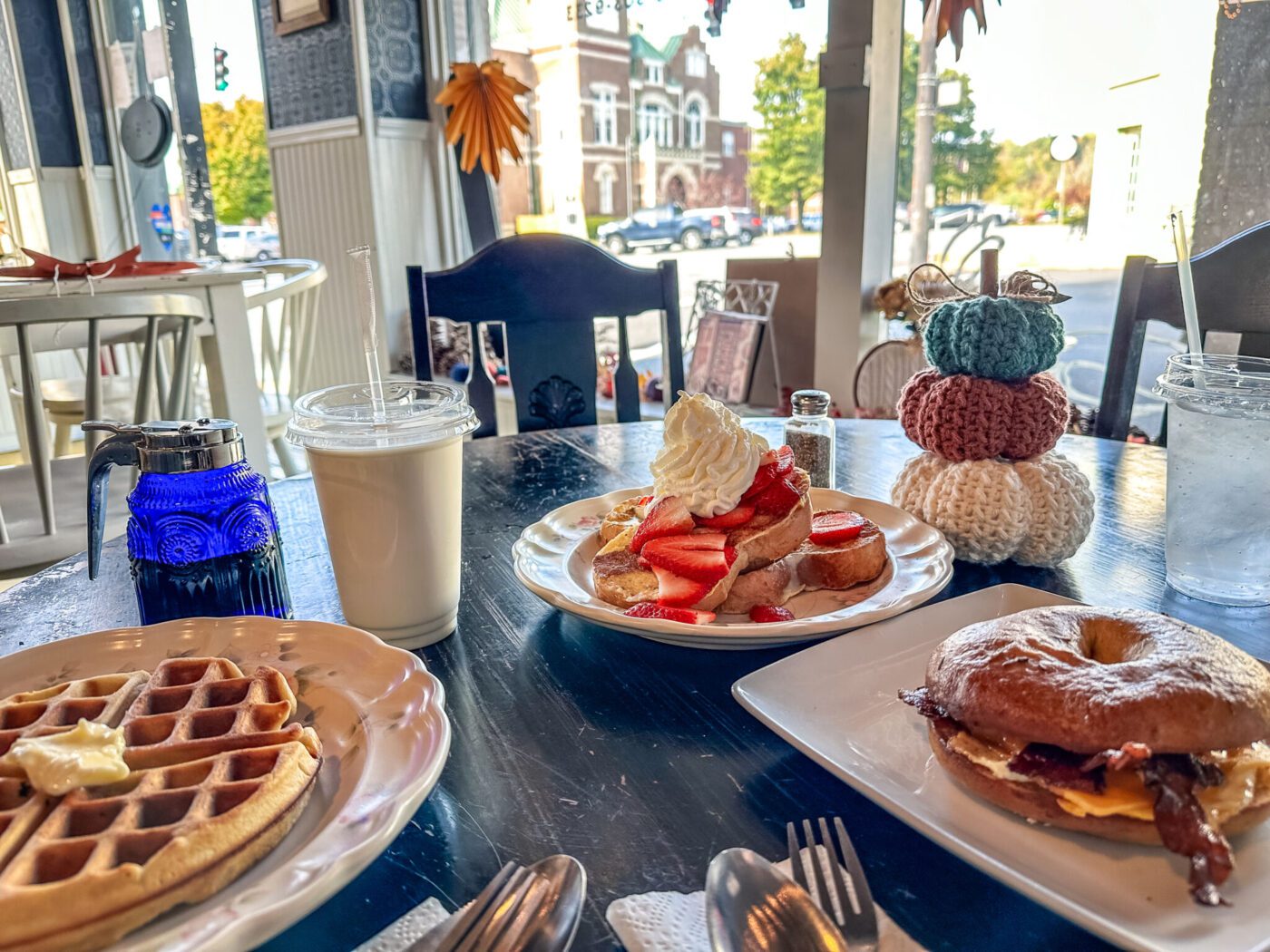 Waffle, French toast, and bagel at Honeysuckle Cafe in Liberty, Kentucky