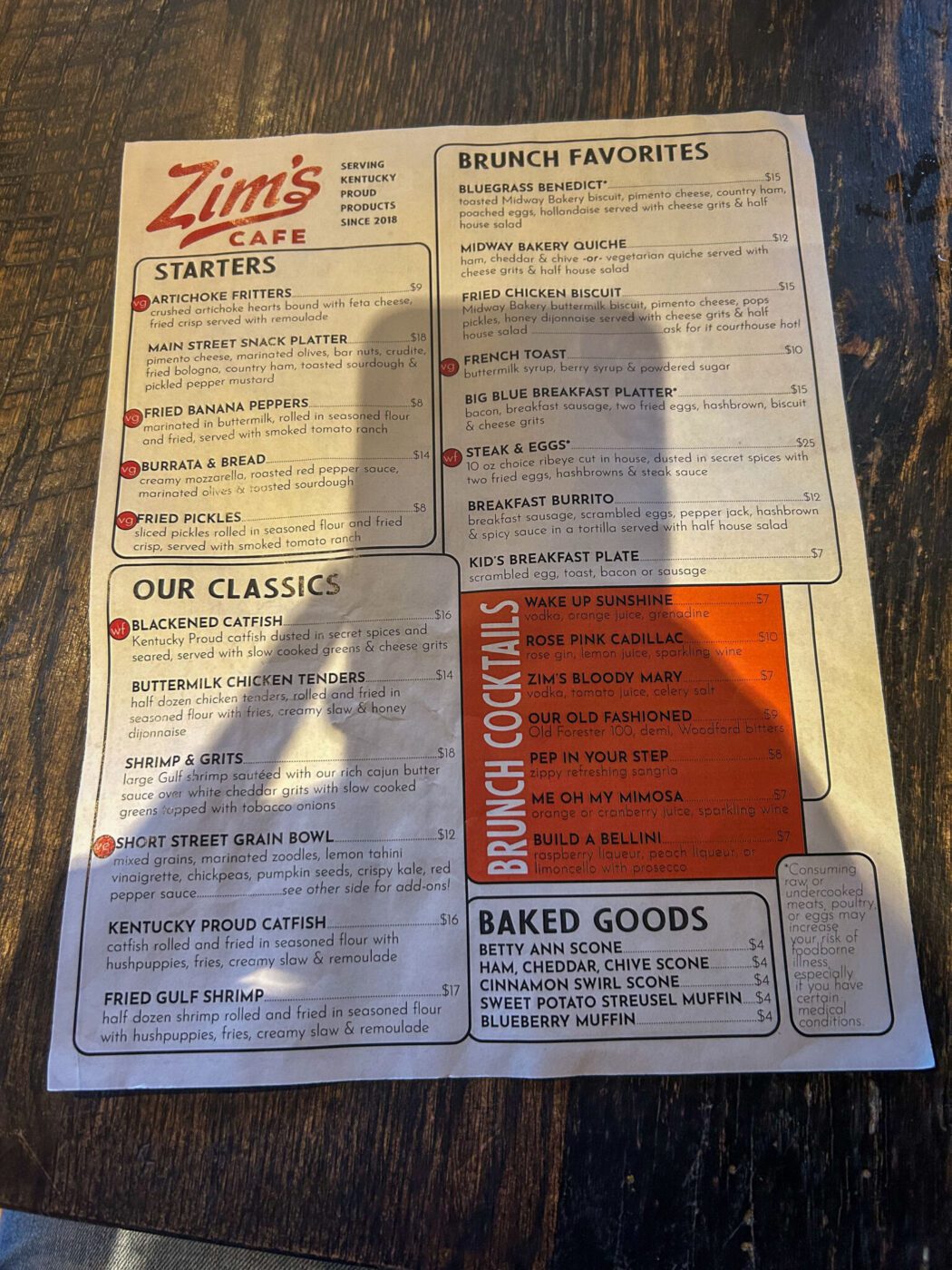 Brunch Menu at Zim's Cafe in Lexington, Kentucky