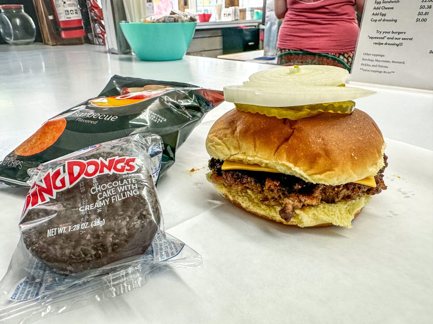 Ding Dong, BBQ Chips and Dovie's Cheeseburger in Tompkinsville, Kentucky