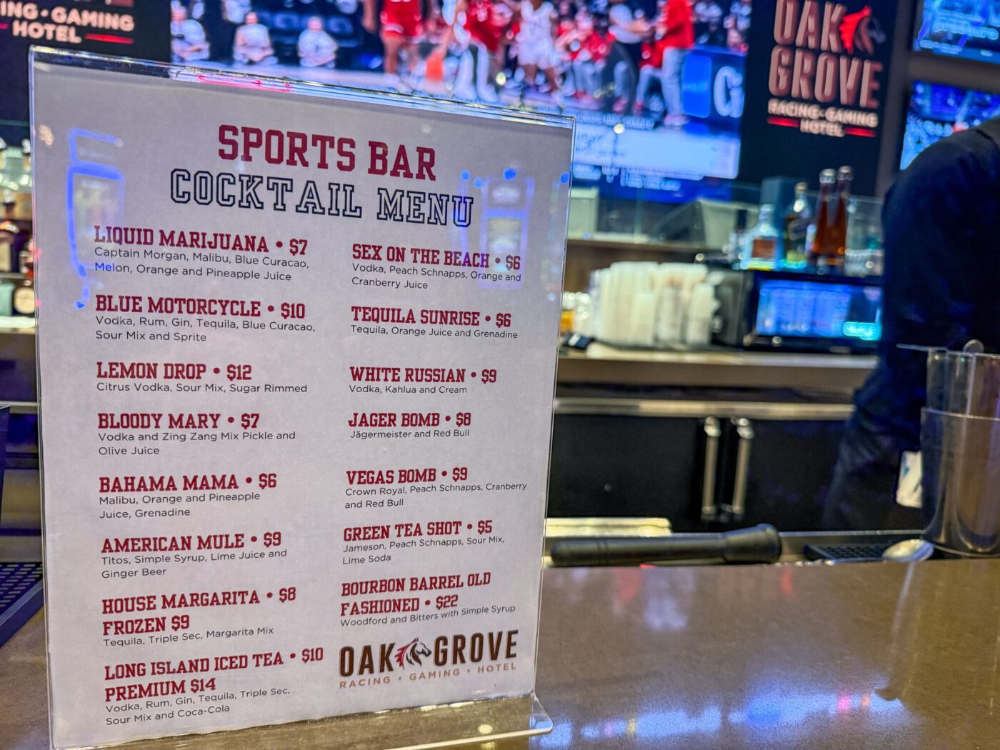 Cocktail menu, Oak Grove Gaming, Kentucky